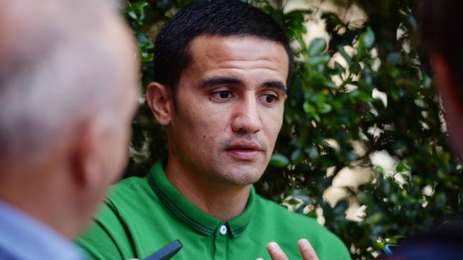 Australian striker Tim Cahill speaks to reporters at a press briefing ahead of their AFC Asian Cup final football match in Sydney on January 29, 2015. Australia will play South Korea in the AFC Asian Cup final in Sydney on January 31. AFP PHOTO/Peter PARKS --IMAGE RESTRICTED TO EDITORIAL USE - STRICTLY NO COMMERCIAL USE