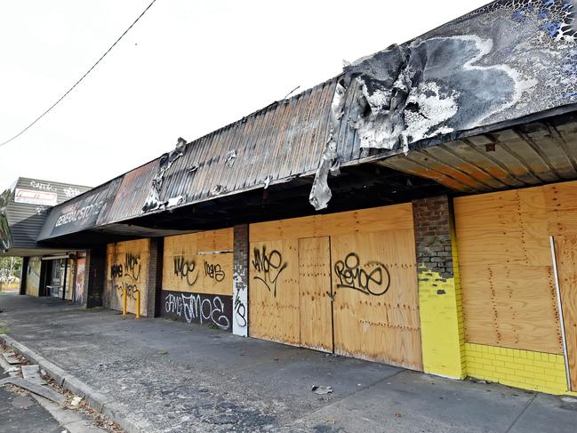 The shopping centre has a burnt out eyesore for more than seven months. Picture: Troy Snook