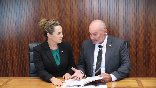 Northern Territory Chief Minister Lia Finocchiaro and Treasurer Bill Yan. The CLP will deliver the NT Budget 2025-26 on May 13, promising a record spend on law and order. Picture: Fia Walsh.