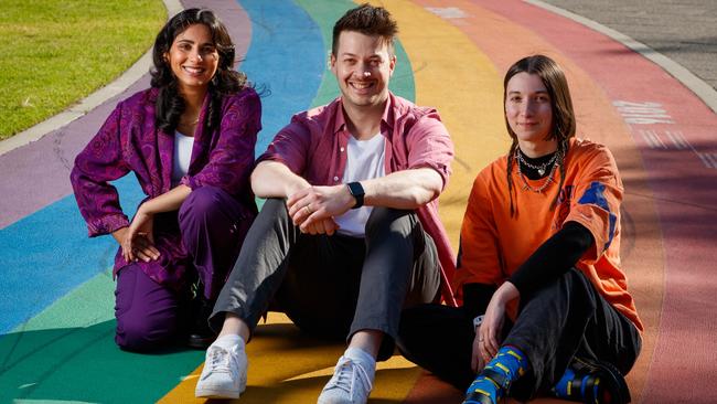 SA animated feature film Lesbian Space Princess creators Leela Varghese, Tom Phillips and Emma Hough Hobbs. Picture: Matt Turner