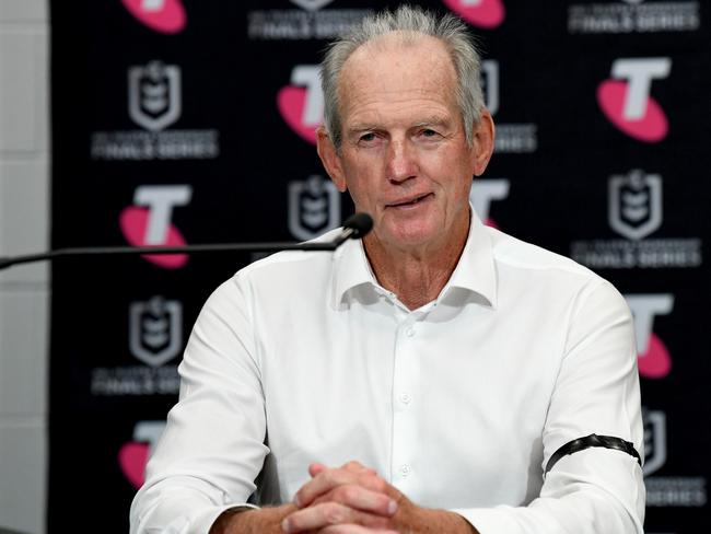 BRISBANE, AUSTRALIA - SEPTEMBER 24: Coach Wayne Bennett of the Rabbitohs speaks during a press conference after the NRL Grand Final Qualifier match between the South Sydney Rabbitohs and the Manly Sea Eagles at Suncorp Stadium on September 24, 2021 in Brisbane, Australia. (Photo by Bradley Kanaris/Getty Images)