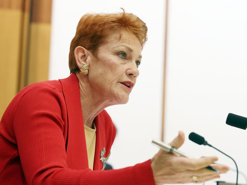 Senator Pauline Hanson grills Australia Post executive and former Liberal Party president Tony Nutt. Picture: NCA NewsWire/Gary Ramage