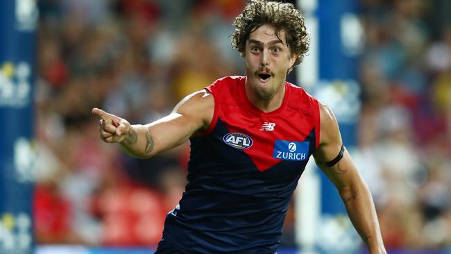 Luke Jackson celebrates after kicking a goal against the Suns. Picture: Getty Images