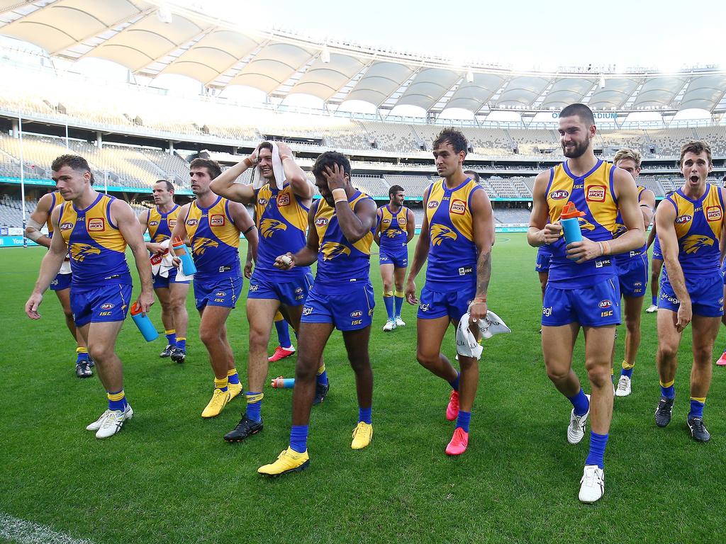 Eagles players leave the field after beating Melbourne five years ago. Picture: AAP Image/Gary Day