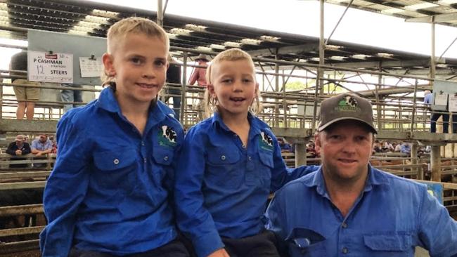 The Need family: Riley, Alex and Hayden. Hayden bought a pen of 15 Hereford and Baldy steers for 336c/kg at Leongatha. Picture: Madeleine Stuchbery