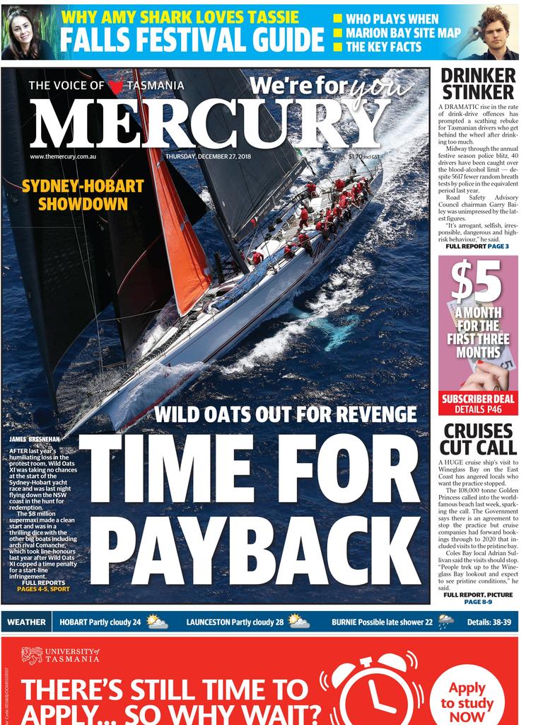 Photos Mercury Newspaper’s front page coverage of the Sydney to Hobart