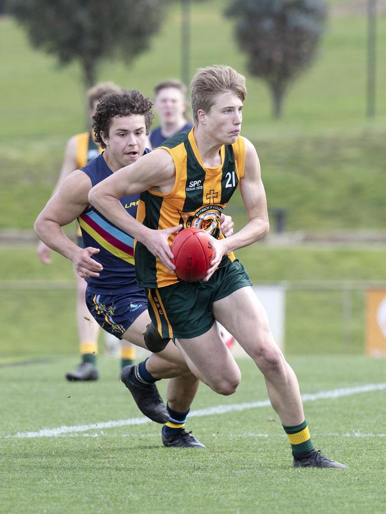 Action from the SATIS football grand final between Guilford Young College and St Patrick’s College. Picture: Chris Kidd