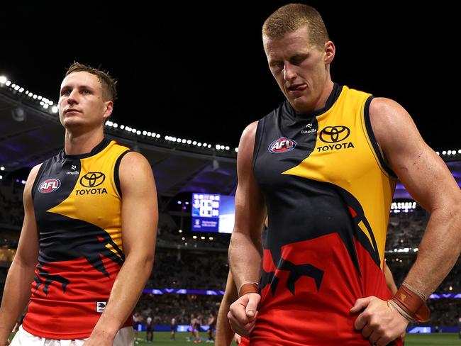 PERTH, AUSTRALIA - MARCH 29: Reilly O'Brien of the Crows walks from the field after being defeated during the round three AFL match between Fremantle Dockers and Adelaide Crows at Optus Stadium, on March 29, 2024, in Perth, Australia. (Photo by Paul Kane/Getty Images)