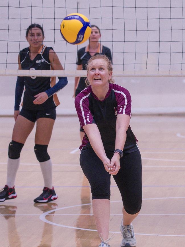 Sandy Cooper in action as Hard CorÃ“t V Haikyu in the Pan Pacific Masters Games Volleyball tournament. Picture: Glenn Campbell