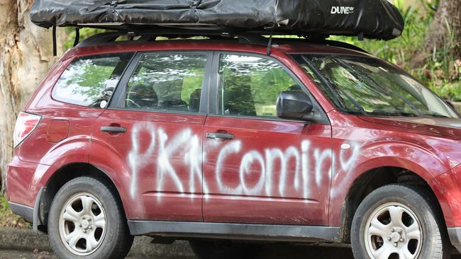 Cars were damaged overnight with Anti-Israel graffiti. Picture: Tim Hunter.