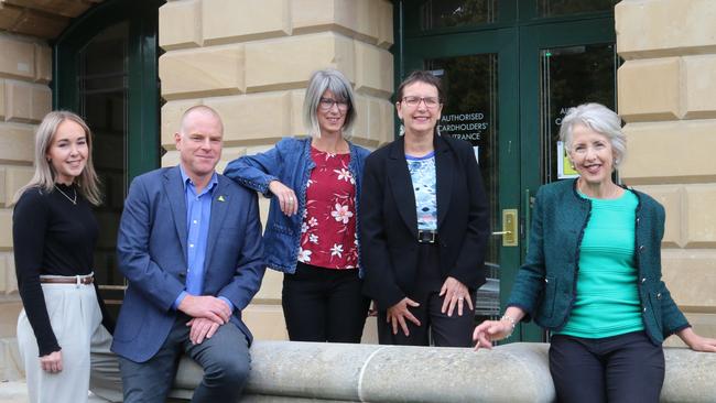 Greens MPs Tabatha Badger, Vica Bayley, Cecily Rosol, Helen Burnet, and Rosalie Woodruff at Parliament House on Monday, April 8, 2024.