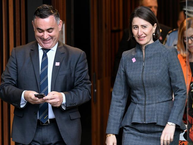 A more jovial John Barilaro and Gladys Berejiklian in April. Picture: Bianca De Marchi/AAP