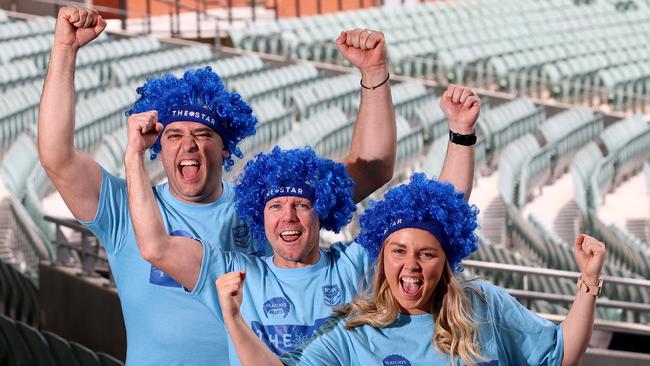 NSW Blues fans Christo Karatsinidis, Matthew Cooper and Annabel Collins: Picture: NCA NewsWire/Kelly Barnes