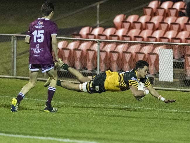 Warren Draper gets a try for Wattles against Dalby. Picture: Kevin Farmer.