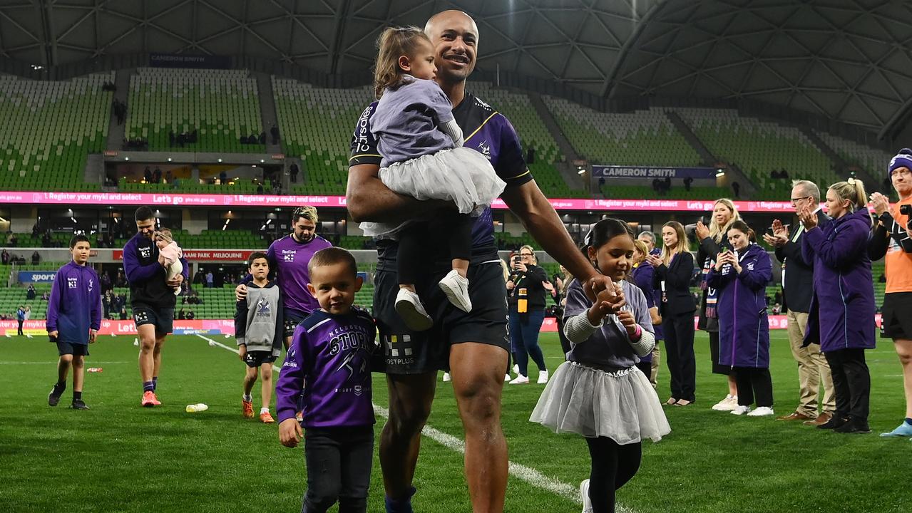 Felise Kaufusi walks off the field with his children after playing his final regular season match at AAMI Park. Picture: Quinn Rooney/Getty Images