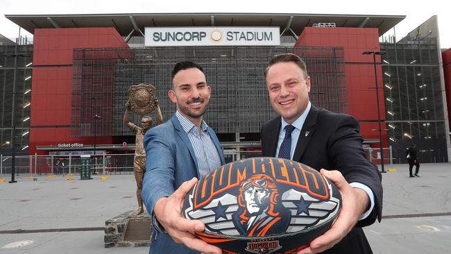 Brisbane Lord Mayor Adrian Schrinner (right) has backed Bombers director Nick Livermore’s dream for a second NRL team in Brisbane. Picture: Annette Dew