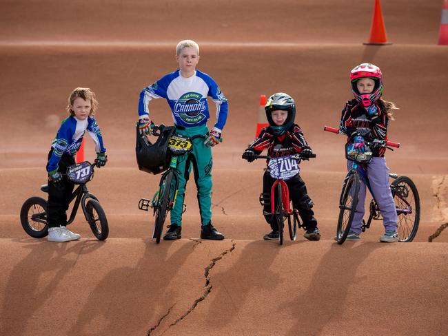 4th of May 2025  - Happy Valley and Cove BMX club is looking for a temporary home after the multi-million dollar international Sam Willoughby facility has run into fresh problems, with major cracking making the track unusable. Riders (L-R) Nixon Rattigan, 6, Perry Rattigan, 9, George Ellis, 5 and Zara Claughton, 7, at the track. Photo: Naomi Jellicoe
