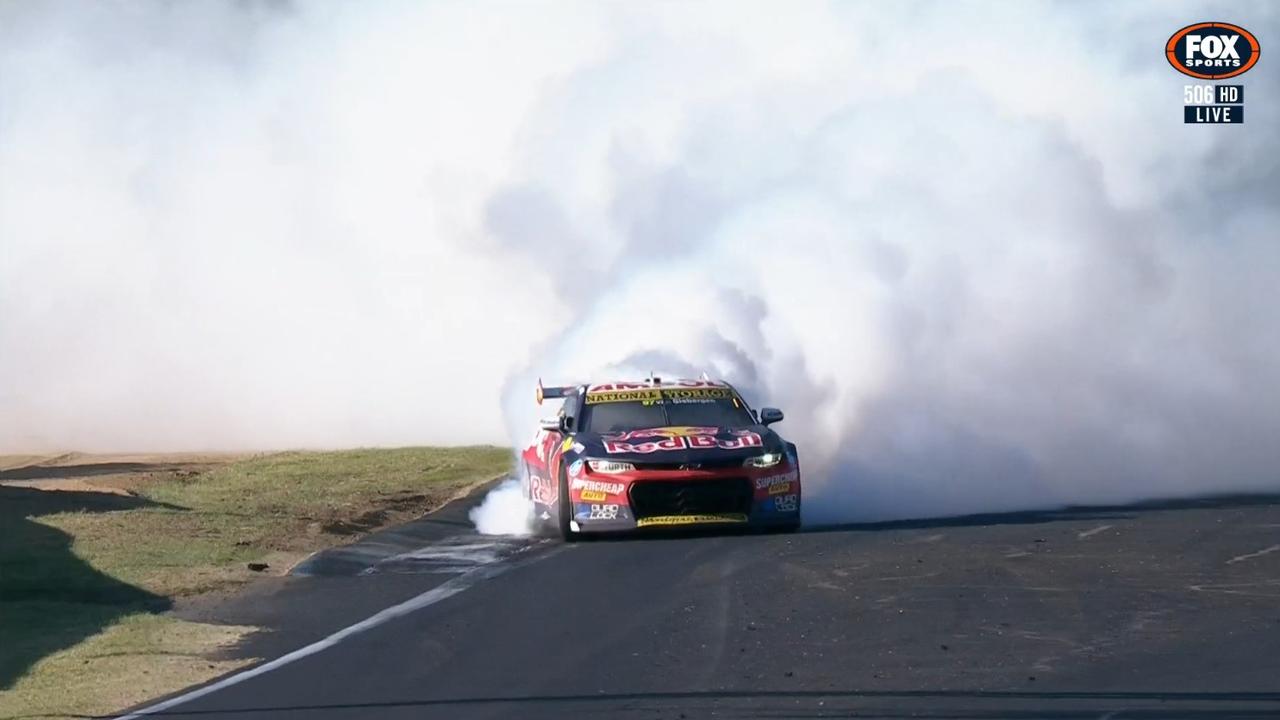 Shane van Gisbergen shredded his tyres celebrating his third Bathurst crown.