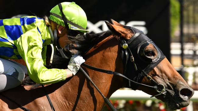 Jamie Kah winning the Kensington Stakes at Flemington on Belwazi this month. Picture: AAP