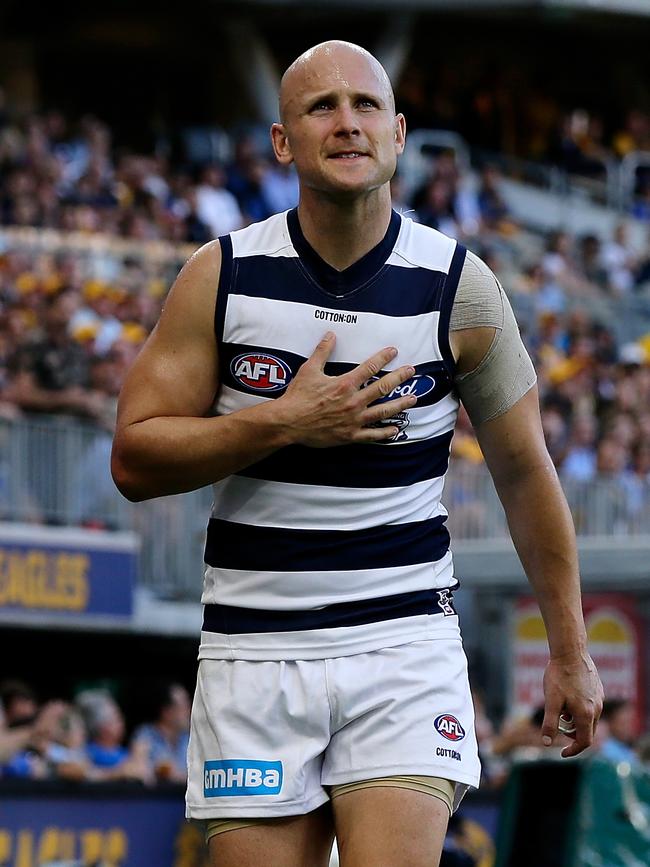 Gary Ablett of the Cats leaves the field with a hamstring injury in Perth on Sunday. Picture: Will RussellAFL Media