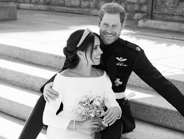 A black and white photo of Meghan and Harry. Picture: Alexi Lubomirski