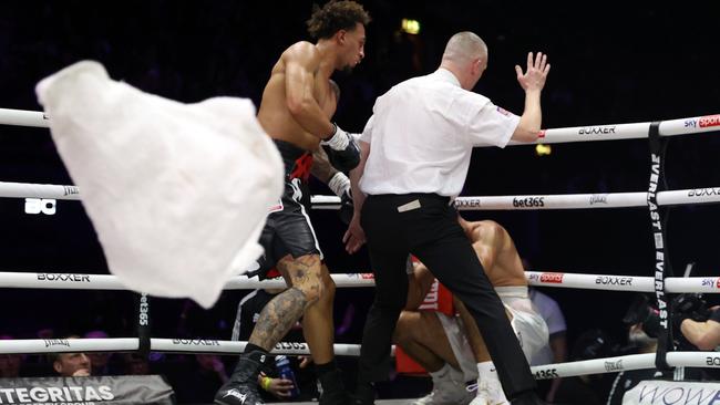 LONDON, ENGLAND - FEBRUARY 03: Referee Sean McAvoy stops the fight as the team of Khalid Graidia throw the towel in during the Light Heavyweight fight between Ben Whittaker and Khalid Graidia at OVO Arena Wembley on February 03, 2024 in London, England. (Photo by James Chance/Getty Images)