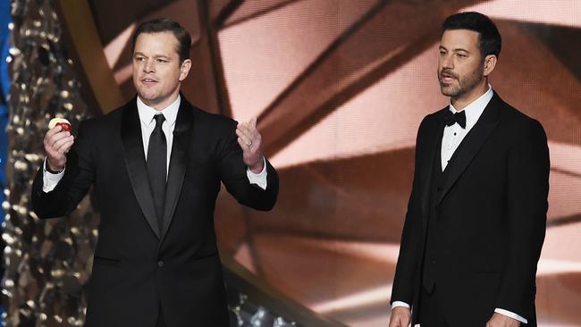 LOS ANGELES, CA - SEPTEMBER 18: Actor Matt Damon (L) and host Jimmy Kimmel speak onstage during the 68th Annual Primetime Emmy Awards at Microsoft Theater on September 18, 2016 in Los Angeles, California. (Photo by Kevin Winter/Getty Images)