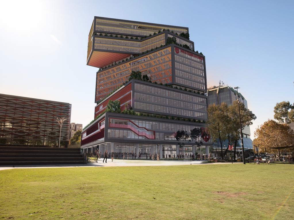 Western Sydney University’s plans to build a vertical campus on a 2500 sqm site between its own administration building and the Bankstown Library and Knowledge Centre. Picture: Supplied