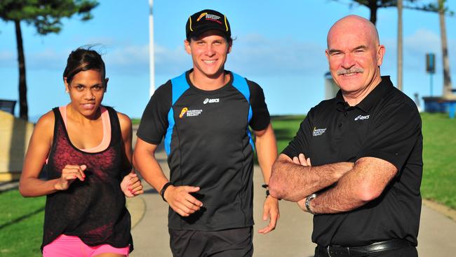 Indigenous Marathon Project founder and former Olympian Robert de Castella (right) with Jack Wilson and fellow project participant Toni Daisy in Townsville in 2013. Picture: Wesley Monts