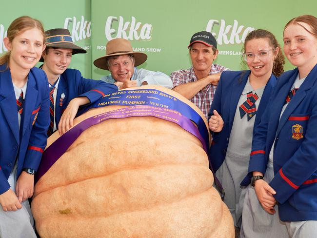 Downlands College agricultural science students smashed pumpkin records at the Ekka's 2024 Giant Pumpkin Competition, weighing in at 368.5kg. Photo: Contributed