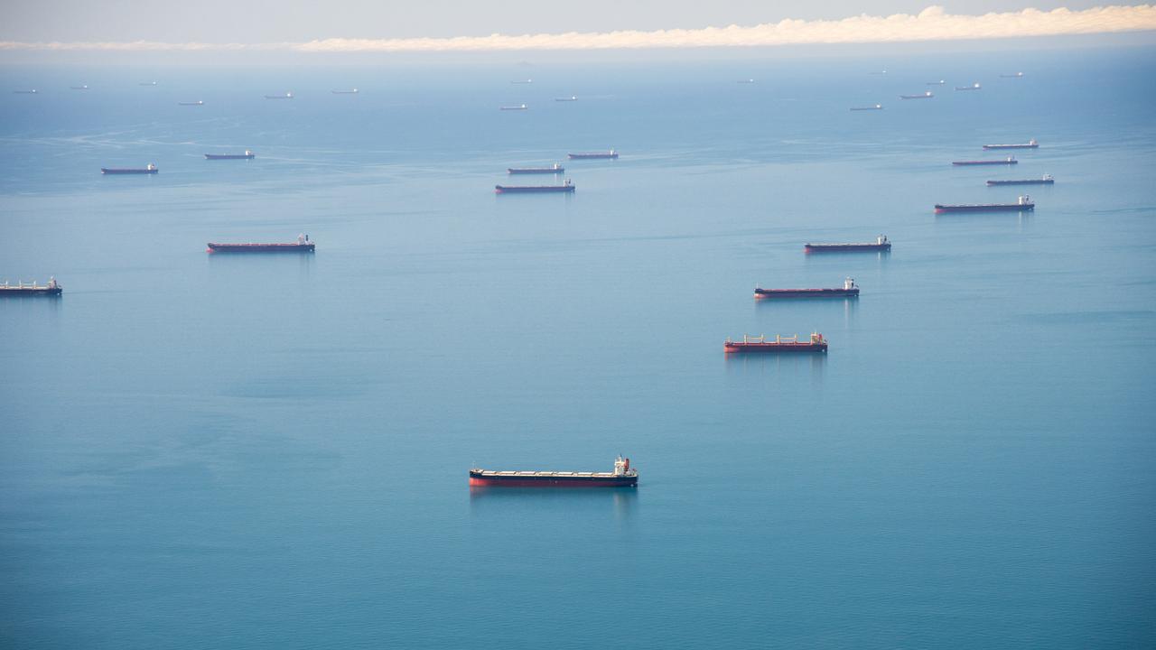 Coal ships queued up at Hay Point and Dalrymple Bay coal-loading facilities. Picture: Daryl Wright