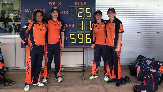 Northern Districts century-makers Tabitha Saville, Samantha Betts, Tegan McPharlin and Darcie Brown in front of Northern Districts’ record 50-over total.