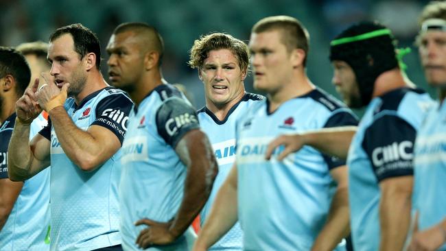 Waratah Michael Cooper and team after a Brumbies try during the Super Rugby game between the NSW Waratahs and the ACT Brumbies at Allianz Stadium .Picture Gregg Porteous