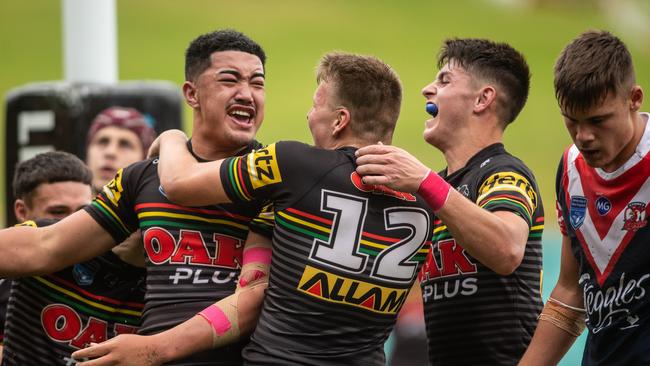 The Panthers celebrate a try against the Roosters in their final at Leichhardt Oval. Picture: Julian Andrews