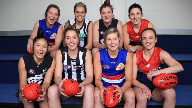 Women’s AFL marquee players (back from left) Ellie Blackburn, Moana Hope, Brianna Davey and Mel Hickey, (front from left) Darcy Vescio, Emma King, Katie Brennan and Daisy Pearce. Picture: Wayne Ludbey