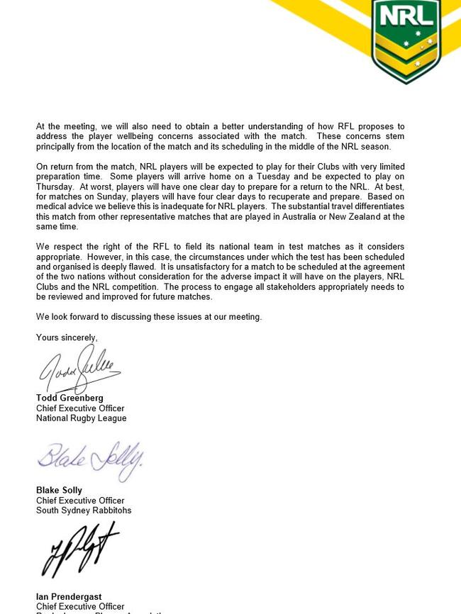 Letter sent to the NZRL by the NRL and RLPA