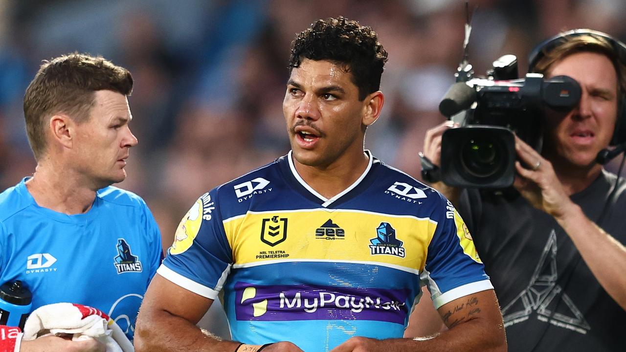 GOLD COAST, AUSTRALIA - AUGUST 28: Brian Kelly of the Titans is sent off during the round 24 NRL match between the Gold Coast Titans and the Newcastle Knights at Cbus Super Stadium, on August 28, 2022, in Gold Coast, Australia. (Photo by Chris Hyde/Getty Images)