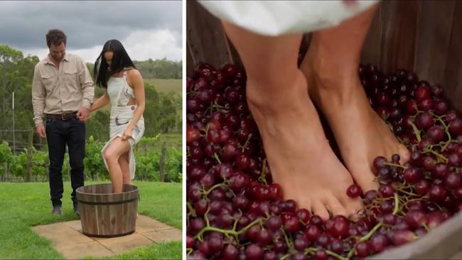 Karli’s imagining these grapes are Caitlin’s heart as she uses her feet to squish them to hell.