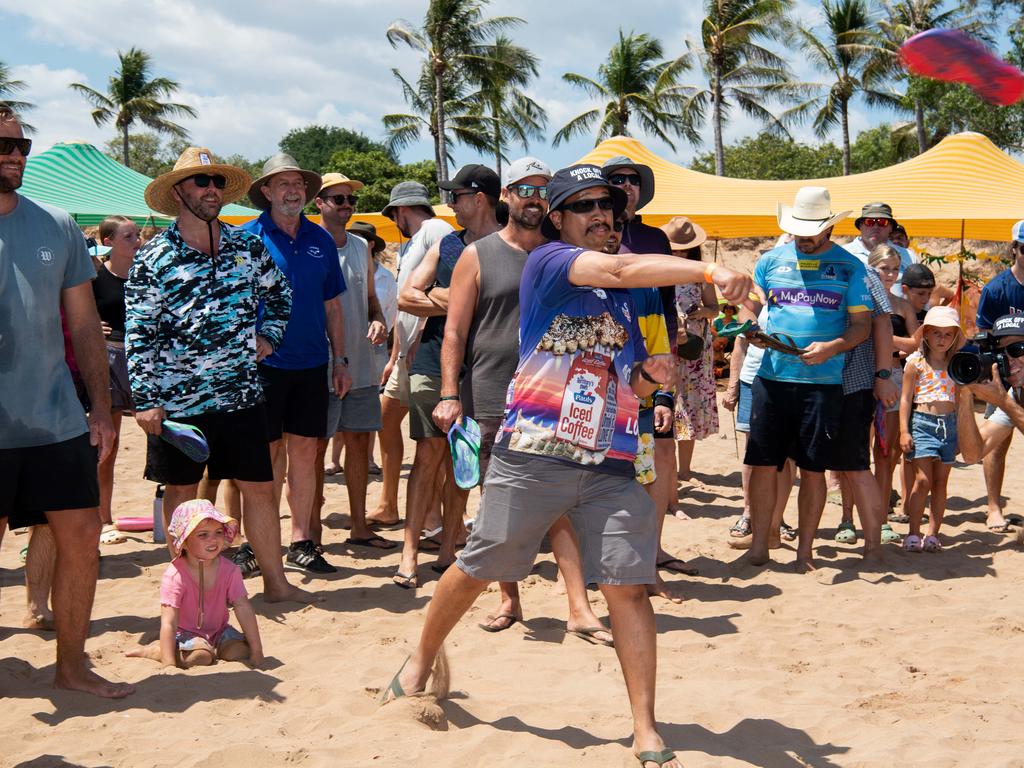 MenÃ•s SlappaÃ•s Thong Throw at the Darwin Beer Can Regatta at Mindil Beach, 2024. Picture: Pema Tamang Pakhrin