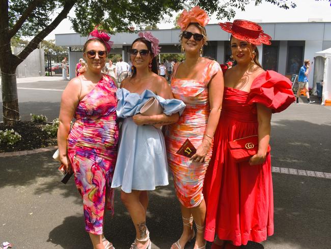 Caitlin Davis, Mel Vanlieshout, Katie Delange and Hayleigh Hocking enjoying all the action at the Ladbrokes Cranbourne Cup on Saturday, November 23, 2024. Picture: Jack Colantuono