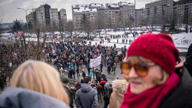 People gather to block the highway in Belgrade on January 15 as they protest against Rio Tinto's plan to open a lithium mine in the country. Picture: Oliver Bunic/AFP