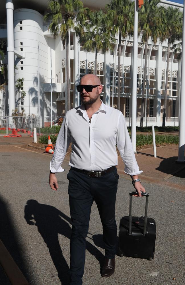 Crown prosecutor Marty Aust arrives at the Supreme Court in Darwin for the final day of closing submissions in the Keith Kerinauia murder trial. Picture: Zizi Averill