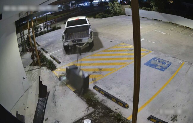 Footage of the ATM being dragged from the business at Upper Coomera in March. Picture: Queensland Police Service