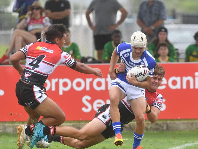 Kirwan High against Ignatius Park College in the Northern Schoolboys Under-18s trials at Brothers Rugby League Club in Townsville. Lincoln Baker tackled by Taakoi Benioni (L) and Heath Bethel (R). Picture: Evan Morgan