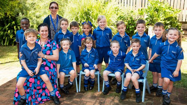 My First Year 2023: St Anthony's Primary School Prep White students with teacher aide Rita McCalman (standing) and teacher Siobhan Rush, February 2023. Picture: Bev Lacey