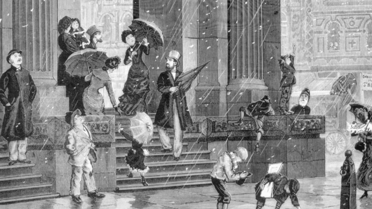 An 1882 newspaper illustration of the snowstorm in Melbourne. Picture: State Library of Victoria