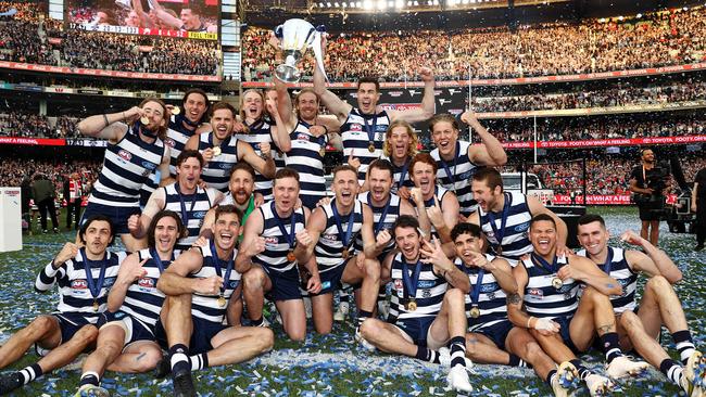 The 2022 premiers: Geelong players with the cup. Picture: Michael Klein