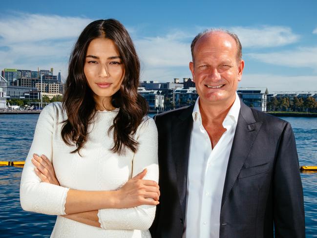David Jones ambassador Jessica Gomes and David Jones CEO Iain Nairn at the Wulugul Walk, Barangaroo after an announcement of a new store at Barangaroo. Picture: Jonathan Ng