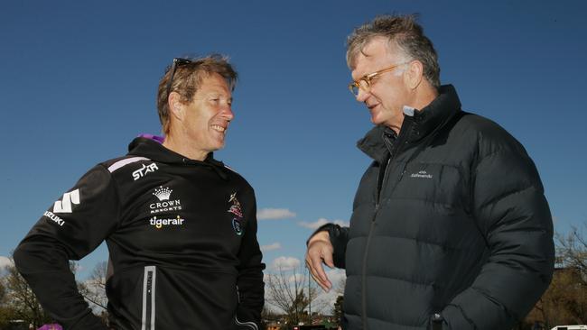 Craig Bellamy chats with John Ribot at training in 2016. Picture: Colleen Petch