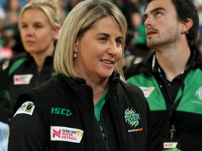 Head coach of the West Coast Fever, Stacey Marinkovich looks on after losing the Super Netball Grand Final between the West Coast Fever and the Sunshine Coast Lightning at Perth Arena in Perth, Sunday, August 26, 2018. (AAP Image/Richard Wainwright) NO ARCHIVING, EDITORIAL USE ONLY